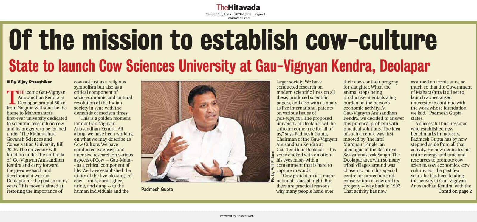 The Hitavada — Of the Mission to Establish Cow-Culture